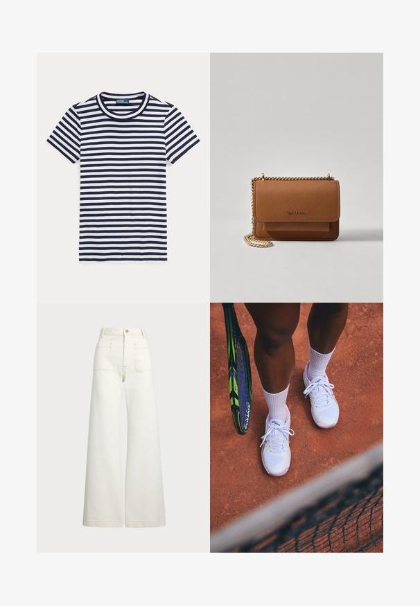 T-shirt a righe in blu navy e bianco, maniche corte, scollatura rotonda, materiale in cotone, presenta righe orizzontali uniformemente distanziate.; Jeans a gamba larga in denim bianco sporco. Design a vita alta con chiusura a bottone, due tasche frontali e dettagli di cucitura a contrasto.; Scarpe da tennis bianche con pannelli in rete e dettagli rosa, abbinate a calze bianche, posizionate su un campo in terra rossa con una racchetta da tennis nelle vicinanze.; Borsa a tracolla in pelle marrone con texture, dotata di catena dorata e chiusura a pattina. Sul davanti presenta un dettaglio con logo e una tasca sotto la pattina.