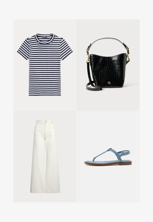 Dryžuota marškinėliai tamsiai mėlynos ir baltos spalvos, trumpomis rankovėmis, apvalia kaklo iškirpte, medvilnės medžiaga, turi tolygiai išdėstytus horizontalius dryžius.; Plati kojinės džinsai of white denimo. Aukštas liemuo, su mygtuko uždarymu, dviem priekinėmis kišenėmis ir kontrastingai siuvinėjimu.; Mėlynos odinės šlepetės su plokščiu padu, pasižyminčios plonu dirželio dizainu ir sagtimi aplink kulkšnį, užtikrinančia saugų prigludimą.; Juodas krokodilo rašto odinis krepšys su lenkta forma, auksiniais aksesuarais, reguliuojama juosta ir logotipo detale priekyje.