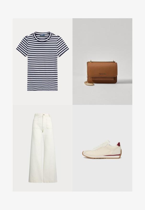 Pruhované tričko v námorníckej modrej a bielej farbe, krátke rukávy, okrúhly výstrih, vyrobené z bavlny, s rovnomerne rozmiestnenými vodorovnými pruhmi.; Džínsy s širšími nohavicami v off-white denim. Vysoký pás s gombíkovým zapínaním, dve predné vrecká a kontrastné švy.; Biele tenisky s hladkým povrchom, so slivkovou akcentáciou pozdĺž podrážky a drsnou gumovou podrážkou pre lepšiu priľnavosť. Minimalistický dizajn.; Hnedá textúrovaná kožená taška cez telo s zlatým reťazovým popruhom a preklopným uzáverom. Predná strana obsahuje detail s logom a vrecko pod preklopkou.