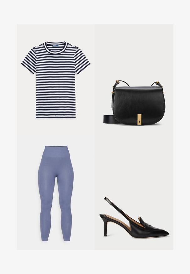 Raidallinen t-paita tummansinisenä ja valkoisena, lyhyet hihat, pyöreä kaula-aukko, puuvillamateriaali, jossa on tasaisesti jakautuneet vaakasuorat raidat.; Korkeavyötäröiset ribbikankaiset legginsit pehmeässä sinisessä kankaassa, jotka tarjoavat sileän pinnan ja istuvan siluetin, ulottuen nilkkapituuteen.; Musta nahkainen slingback-pumppu, jossa on teräväkärkinen muotoilu, matala korko ja koristeellinen hihna jalan päällä. sileä rakenne ja minimalistinen muotoilu.; Musta nahkainen olkalaukku, jossa on kultasävyinen metallivahvistus ja säädettävä hihna. Laukussa on sileä pinta ja kaareva muoto.
