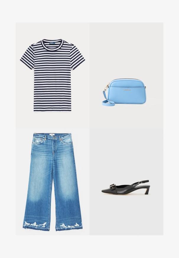 Dryžuota marškinėliai tamsiai mėlynos ir baltos spalvos, trumpomis rankovėmis, apvalia kaklo iškirpte, medvilnės medžiaga, turi tolygiai išdėstytus horizontalius dryžius.; RE/DONE PALAZZO - Platėjantys džinsai - minerva; Juodas odinis slingback batelis su smailiu nosiu, maža pakulne ir dekoratyvine sagtimi viršuje. Lygus paviršius, minimalistas dizainas.; Šviesiai mėlyna odinė per Petį nešama rankinė su auksinės spalvos detalėmis, užtrauktuko uždarymu ir priekinėmis kišenėmis. Yra reguliuojama dirželis patogumui.