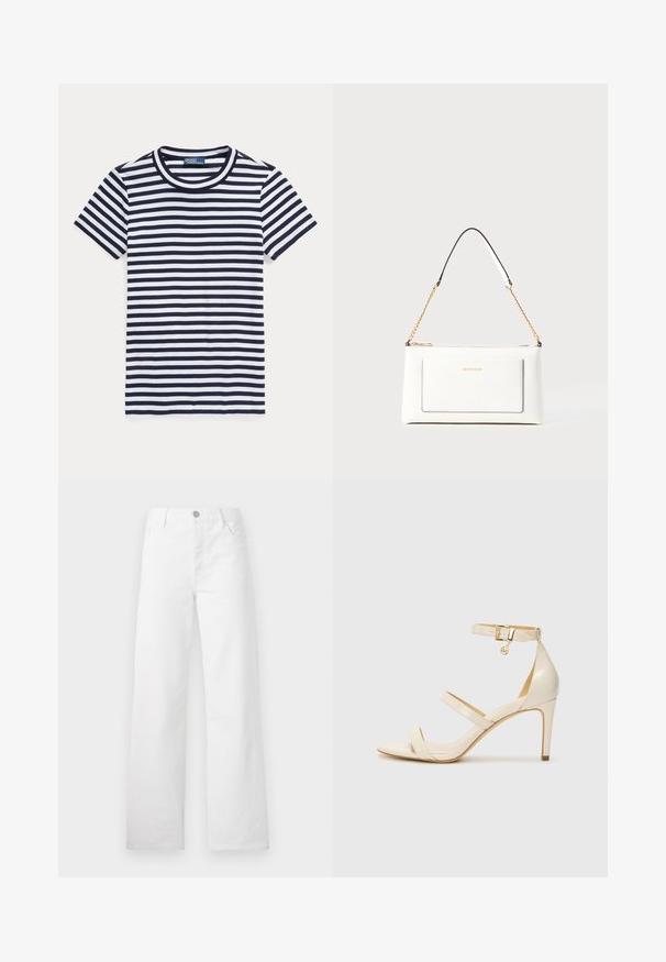 Striped t-shirt in navy blue and white, short sleeves, round neckline, cotton material, features evenly spaced horizontal stripes.; White wide-leg jeans made from cotton denim. Features a button and zip fly, classic front pockets, and a clean, unembellished design.; Beige high-heeled sandals with thin ankle strap and two upper straps. Glossy patent finish and gold hardware detail on the ankle strap.; White leather handbag with a textured finish, featuring a gold chain strap and black accents. Includes a front pocket and zipper closure.