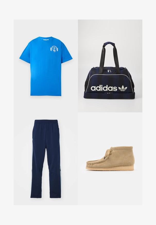 Modra bombažna majica s kratkimi rokavi. Ima bel grafični dizajn na sprednji strani, ki prikazuje lik s slušalkami in lokom.; Mornarske trenirke iz raztegljivega materiala, z širokim elastičnim pasom, ravnim krojem in svetlimi stranskimi paneli z logotipi.; Bež usnjeni gležnjarji s zaobljenim nosom, ravnim podplatom in preprostim vezalnim dizajnom. Imajo vidne šive in gladko teksturo.; Mornarska torba z belim logotipom Adidas, ki ima zadrgo na vrhu, dve trdni črni ročaji in stranske mrežaste žepe. Gladka tekstura tkanine.