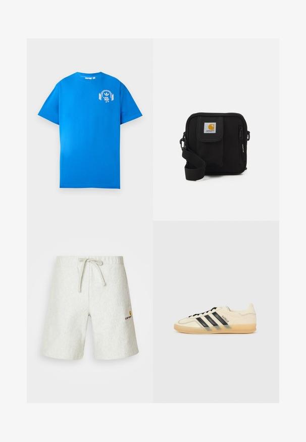 Blaues Baumwoll-T-Shirt mit kurzen Ärmeln. Mit einem weißen Grafikdesign auf der Vorderseite, das eine Figur mit Kopfhörern und einem Bogen zeigt.; Hellgraue Shorts aus einem strukturierten Material. Sie verfügen über einen verstellbaren Kordelzugbund und ein kleines Logo auf der linken Seite.; Helle Creme Sneaker mit schwarzem Drei-Streifen-Design, strukturiertem Obermaterial, runder Zehenpartie und Gummisohle. Verfügt über Schnürsenkel und Branding an der Seite.; Schwarze Umhängetasche mit einem Reißverschluss-Hauptfach, einer Fronttasche, einem verstellbaren Tragegurt und einem sichtbaren Logo-Patch auf dem Deckel.