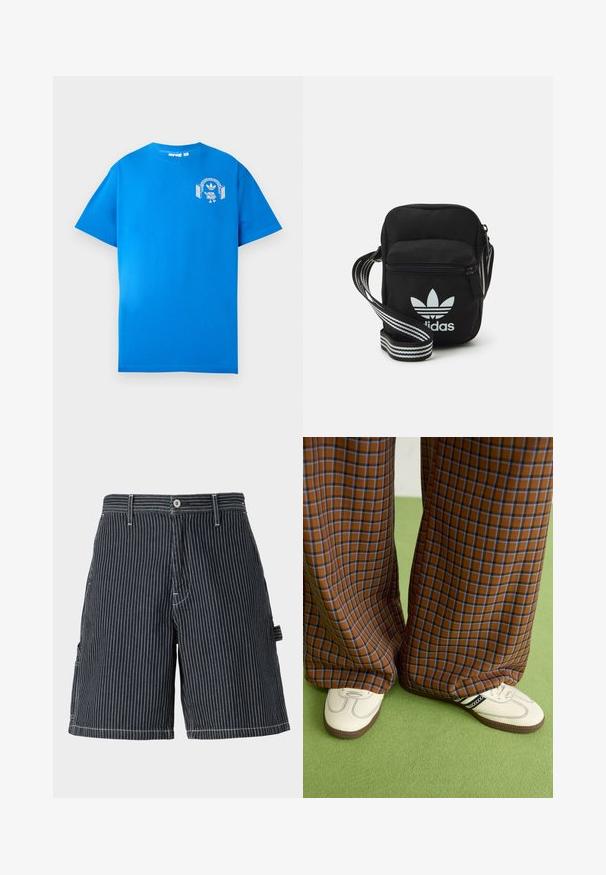 T-shirt in cotone blu con maniche corte. Presenta una grafica bianca sulla parte anteriore, che mostra un personaggio con cuffie e un arco.; Pantaloni shorts a righe navy in cotone con una vestibilità comoda, dotati di tasche laterali, passanti per cintura e dettagli di cucitura bianca a contrasto.; Pantaloni a pieghe larghi a quadri marroni e blu abbinati a scarpe bianche con dettagli neri e suole testurizzate, posizionati su uno sfondo verde.; Borsa a tracolla in tessuto nero con chiusura a zip, caratterizzata da un logo Adidas bianco e una tracolla regolabile a righe per un facile trasporto.