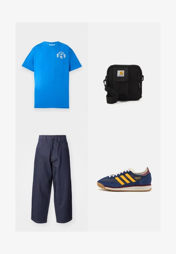 Modra bombažna majica s kratkimi rokavi. Ima bel grafični dizajn na sprednji strani, ki prikazuje lik s slušalkami in lokom.; Temno modri denim kavbojki z ohlapnim in širokim krojem. Značilnosti vključujejo gumbasto zapiranje, sprednja žepa in vidne šive.; Mornarsko modre suede teniske z rumenimi črtami, belimi vezalkami in burgundskimi poudarki. Teksturna podplat z utori za oprijem. Logotip blagovne znamke na strani.; Črna torba čez ramo z zadrgo v glavni preddverju, sprednjim žepom, nastavljivim trakom in vidno oznako na pokrovu.