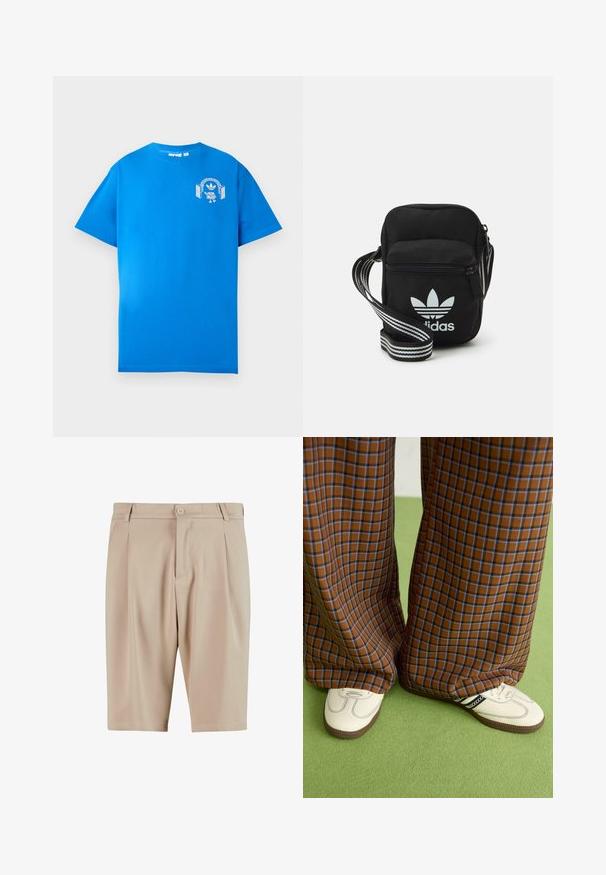 Blauwe katoenen t-shirt met korte mouwen. Heeft een witte grafische afbeelding op de voorkant, met een personage met een hoofdtelefoon en een boog.; Beige op maat gemaakte shorts met plooien, voorzien van een knoopsluiting en een klassiek design. Glad materiaal, knielange snit en geen zichtbare zakken.; Bruine en blauwe geruite wijde broek, gecombineerd met witte schoenen met zwarte accenten en een gestructureerde zool, gezet tegen een groene achtergrond.; Zwarte stoffen schoudertas met een ritssluiting, voorzien van een wit Adidas-logo en een gestreepte, verstelbare schouderband voor gemakkelijk dragen.