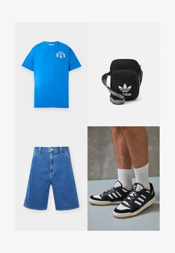 Camiseta de algodón azul con mangas cortas. Presenta un diseño gráfico blanco en la parte frontal, que muestra un personaje con auriculares y un arco.; Bermudas de mezclilla en color azul, con corte holgado, altura media en la cintura, bolsillos frontales y cierre de botón. Detalles de costura a lo largo de las costuras.; Zapatillas en blanco y negro con parte superior de ante y cuero, que presentan tres franjas blancas, una puntera perforada y una suela de goma.; Bolso cruzado de tela negra con cierre de cremallera, que presenta un logo blanco de Adidas y una correa ajustable a rayas para un fácil transporte.