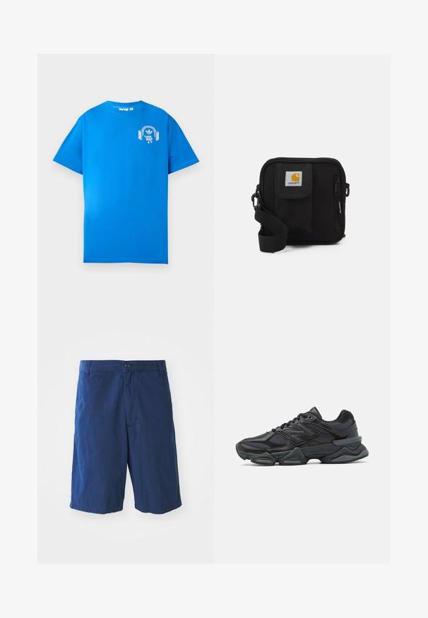 Niebieska bawełniana koszulka z krótkim rękawem. Posiada białą grafikę na przodzie, przedstawiającą postać w słuchawkach i łuk.; Granatowe szorty bawełniane z zapięciem na guzik z przodu, kieszeniami po bokach i prostym krojem, charakteryzujące się gładką fakturą i brakiem widocznych wzorów.; Czarne buty biegowe z mieszanką siateczki i materiałów syntetycznych, masywną podeszwą, opływowym kształtem oraz wyraźnym brandingiem z boku.; Czarna torba na ramię z zamykaną na zamek główną komorą, przednią kieszenią, regulowanym paskiem oraz widoczną łatką z logo na klapie.