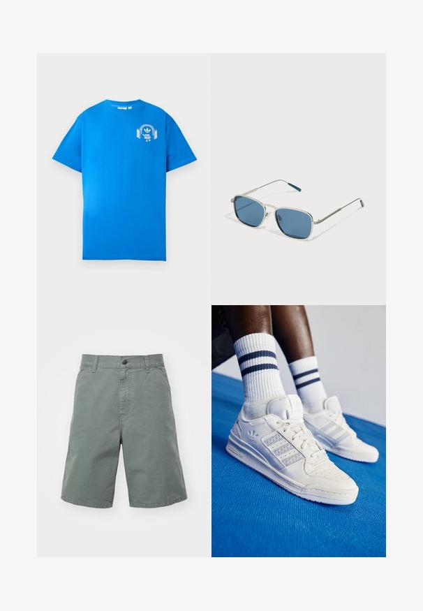 Sinine puuvillane T-särk lühikeste varrukatega. Ees on valge graafiline kujundus, mis kujutab tegelast, kellel on kõrvaklapid ja kaar.; Heledad roheline puuvillane lühike püks, millel on nööbiga sulgemine, vöökohad ja küljetaskud. Omab sirget lõiget ja kerget tekstuuri.; Valge nahast jooksujalatsid, millel on perforatsioonidega detailid, kolm metallilist triipu ja tekstureeritud külgpaneel. Kanna valgeid sokke, millel on sinised triibud.; Prillid hõbedase metallraamiga, ristkülikukujuliste siniste läätsedega ja õhukeste sarvedega. Omavad siniseid aktsente templite otstes.