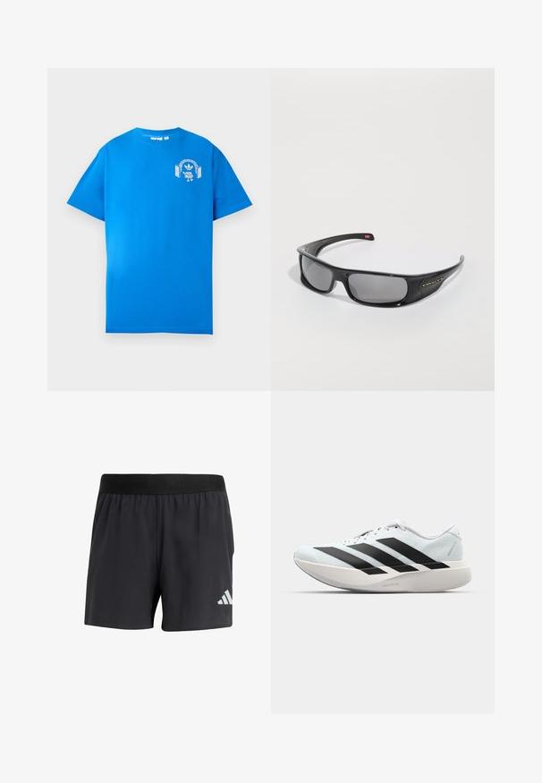 Blue cotton t-shirt with short sleeves. Features a white graphic design on the front, displaying a character with headphones and an arch.; Black athletic shorts with an elastic waistband, featuring a smooth texture and a reflective white logo on the lower left side.; Lightweight running shoes in pale blue with black stripes. Features a smooth upper, round toe, and thick white midsole labeled "LIGHTSTRIKE PRO."; Black Oakley wraparound sunglasses with dark rectangular lenses and curved arms on a plain white background.