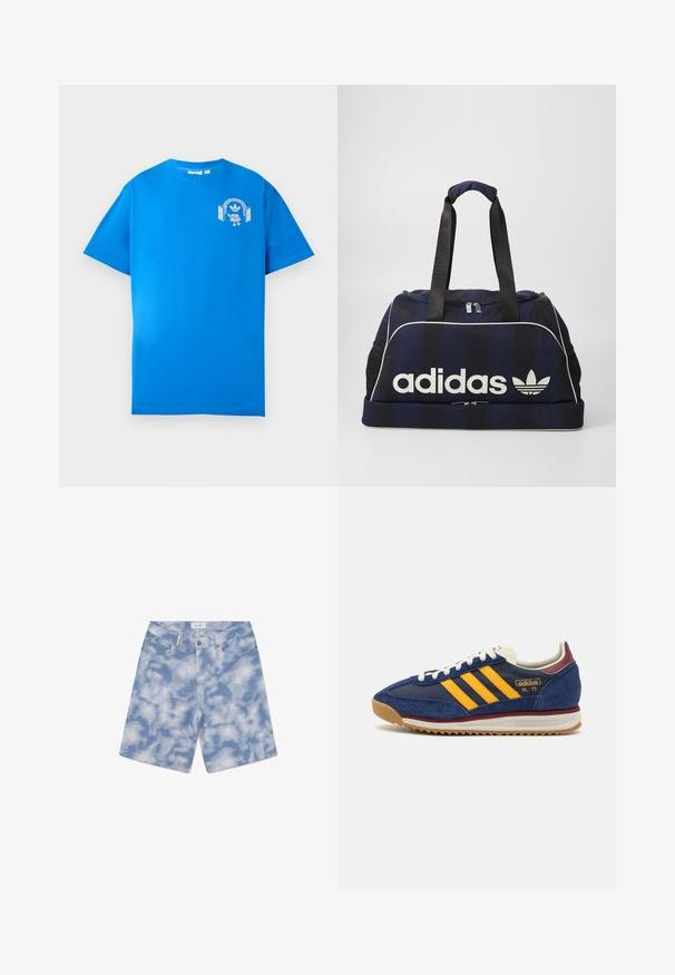 Modrá bavlnená tričko s krátkymi rukávmi. Obsahuje biely grafický dizajn na prednej strane, zobrazuje postavu s slúchadlami a oblúkom.; Svetlo modré riflové šortky s motívom oblakov. Vyrobené z bavlny, majú klasický dizajn s piatimi vreckami a zapínanie na gombík.; Námorné semišové tenisky so žltými pruhmi, bielymi šnúrkami a vínovými akcentmi. Textúrovaná podrážka so zarezmi pre trakciu. Logo značky na boku.; Námorný športový vak s bielym logom Adidas, s uzatváraním na zips, dvoma pevným čiernymi uchami a bočnými sieťovanými vreckami. Hladký textúra látky.