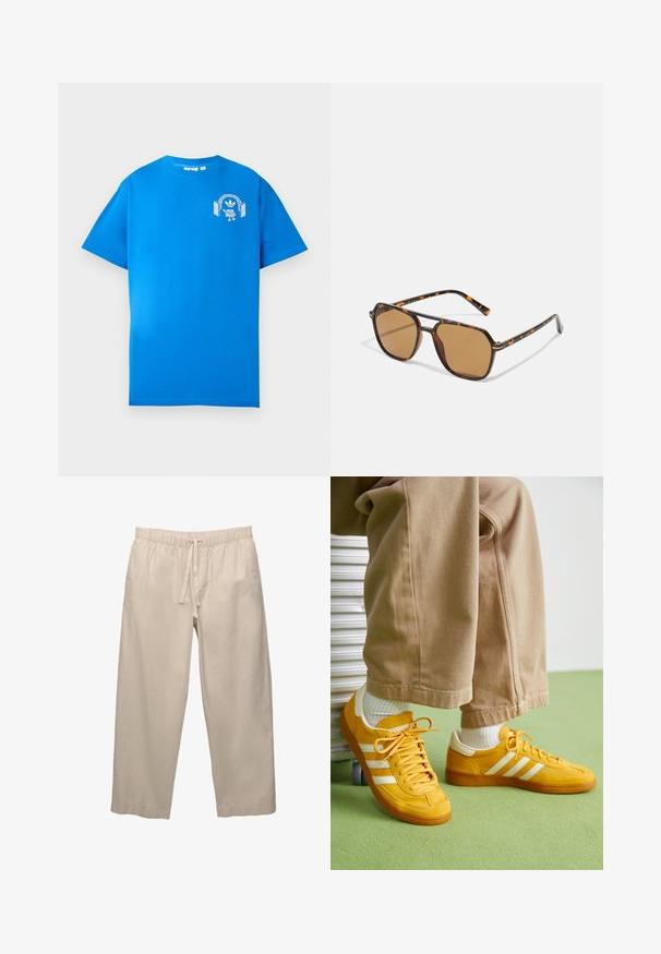 Kék pamut póló rövid ujjakkal. Elöl fehér grafikával díszített, amelyen egy fejhallgatós karakter és egy ív látható.; Beige, könnyű pamut nadrág, rugalmas derékkal és zsinórral. Széles szárú kialakítás, felhajtott szárakkal. Sima textúra, minimális díszítés.; Sárga velúr sportcipő fehér csíkokkal, gumitalppal, szövetfűzőkkel és párnázott nyakkal, bézs pamut nadrággal párosítva.; Barna árnyalatú napszemüveg teknős páncél mintázatú kerettel, téglalap alakú lencsékkel és karcsú karokkal, amelyek narancssárga díszítéssel rendelkeznek.