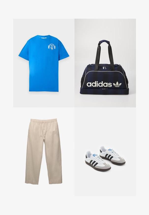 Blauwe katoenen t-shirt met korte mouwen. Heeft een witte grafische afbeelding op de voorkant, met een personage met een hoofdtelefoon en een boog.; Beige, lichtgewicht, katoenen broeken met een elastische tailleband en koord. Wijd been ontwerp en omgeslagen zoom. Glad textuur, minimale details.; Sportschoenen met een witte leren bovenkant, grijze suède neus en drie zwarte strepen. Bevat een blauw logo op de tong en een gestructureerde rubberen zool.; Marine duffeltas met het witte Adidas-logo, voorzien van een ritssluiting aan de bovenkant, twee stevige zwarte handvatten en zijvakken van mesh. Gladde stoftextuur.