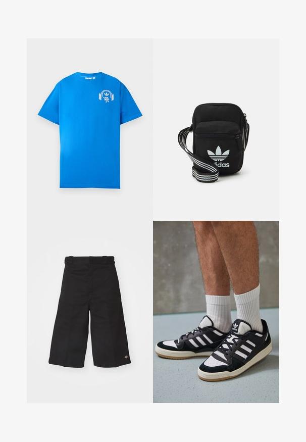 Mėlyna medvilninė marškinė su trumpomis rankovėmis. Priekyje yra balta grafikų dizaino detalė, vaizduojanti personažą su ausinėmis ir arka.; Juodi plačiakojai šortai, pagaminti iš tvirto audinio. Yra lygaus paviršiaus ir mažas logotipas ant apvado. Keturi diržo kilpeliai ant juosmens.; Juodos ir baltos sportinės bateliai su zomšiniu ir odiniu viršumi, su trimis baltomis juostelėmis, perforuota koja ir guminėmis padais.; Juodas audinio per petį nešiojamas krepšys su užtrauktuku, turintis baltą Adidas logotipą ir dryžuotą reguliuojamą diržą patogiam nešiojimui.