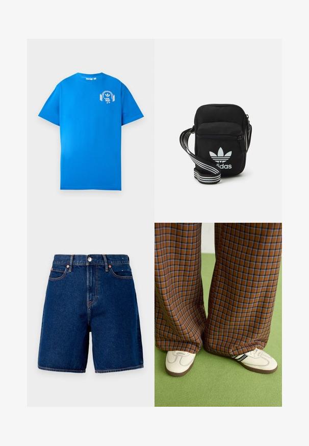 Modra bombažna majica s kratkimi rokavi. Ima bel grafični dizajn na sprednji strani, ki prikazuje lik s slušalkami in lokom.; Temno modri jeans kratki hlače s srednje visokim pasom, petimi žepi, bakrenimi detajli in kontrastnimi oranžnimi šivi.; Rjave in modre kariraste hlače širokih nogavic, v kombinaciji z belimi čevlji, ki imajo črne poudarke in teksturirane podplate, na zeleni podlagi.; Črna tkaninska torbica čez ramo z zadrgo, ki vsebuje belo Adidasovo logo in pridelano naramnico z več črtami za enostavno nošenje.