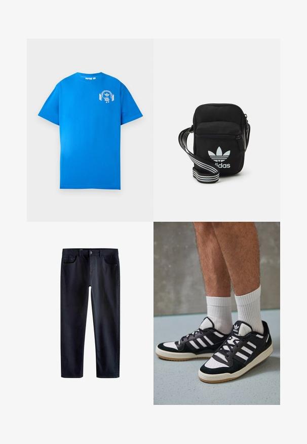 Plava pamučna majica s kratkim rukavima. Sadrži bijeli grafički dizajn sprijeda, koji prikazuje lik s slušalicama i lukom.; Tamno plave traperice s klasičnim ravnim krojem, izrađene od denima. Imaju pet džepova i standardno kopčanje na gumbe.; Crne i bijele tenisice s gornjim dijelom od antilopa i kože, s tri bijele pruge, perforiranim prstom i gumiranim potplatom.; Crna crossover torba od tkanine sa zatvaračem, sa bijelim Adidas logotipom i prugastim podešivim remenom za lako nošenje.