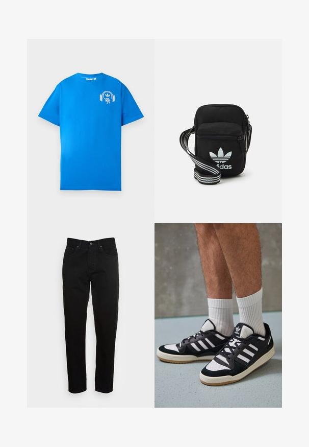 Sinine puuvillane T-särk lühikeste varrukatega. Ees on valge graafiline kujundus, mis kujutab tegelast, kellel on kõrvaklapid ja kaar.; Mustad slim-fit teksad, ees klappi ja viie taskuga disainiga, esitatud tasase heledashall tausta ees.; Mustvalged ja valged spordijalatsid, mille pealmine osa on valmistatud suede'ist ja nahast. Kingadel on kolm valget riba, auguline varvas ja kummist tald.; Mustmust värvi risti koti, millel on tõmblukuga sulgemine, valge Adidas'i logo ja triibuline reguleeritav rihm mugavaks kandmiseks.