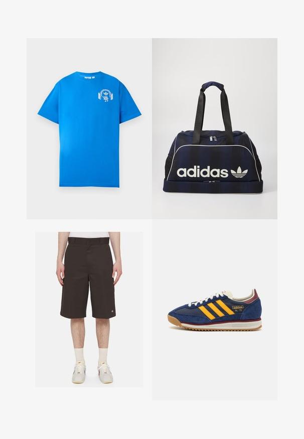 Blauwe katoenen t-shirt met korte mouwen. Heeft een witte grafische afbeelding op de voorkant, met een personage met een hoofdtelefoon en een boog.; Donkerbruine shorts van stevig materiaal, met een rechte pasvorm, midden-dij lengte en geborduurd logo op het linkerkuit.; Marine blauwe suède sneaker met gele strepen, witte veters en bordeauxrode accenten. Textuurzool met groeven voor grip. Merksymbool aan de zijkant.; Marine duffeltas met het witte Adidas-logo, voorzien van een ritssluiting aan de bovenkant, twee stevige zwarte handvatten en zijvakken van mesh. Gladde stoftextuur.