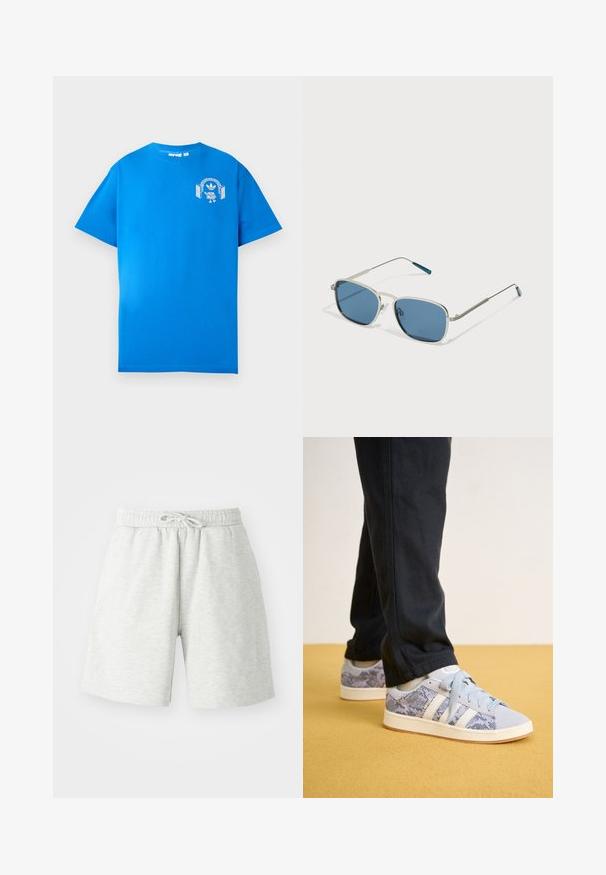 Blå bomull T-skjorte med korte ermer. Har et hvitt grafisk design på forsiden, som viser en karakter med hodetelefoner og en bue.; Lysegrå bomullsshorts med elastisk midjebånd, snor detalj og sidelommer. Myk tekstur, kne-langt design.; Lyseblå sneakers med slangeskinnmønster, med hvite striper og snørebånd, satt mot en gul gulv.; Solski briller med en sølvfarget metallramme, rektangulære blå linser og tynne stenger. Har blå detaljer på tempelspissene.