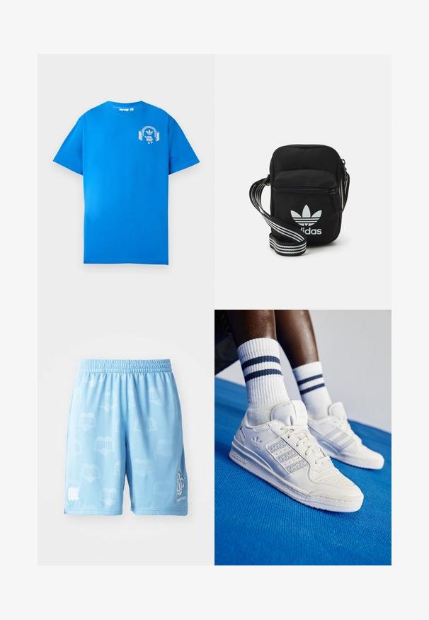 Blue cotton t-shirt with short sleeves. Features a white graphic design on the front, displaying a character with headphones and an arch.; Light blue athletic shorts made of smooth fabric, featuring a subtle pattern, an elastic waistband, and printed logo accents on one leg.; White leather sneakers with perforated accents, three metallic stripes, and a textured side panel. Worn with white socks featuring blue stripes.; Black fabric crossbody bag with a zipper closure, featuring a white Adidas logo and a striped adjustable strap for easy carrying.