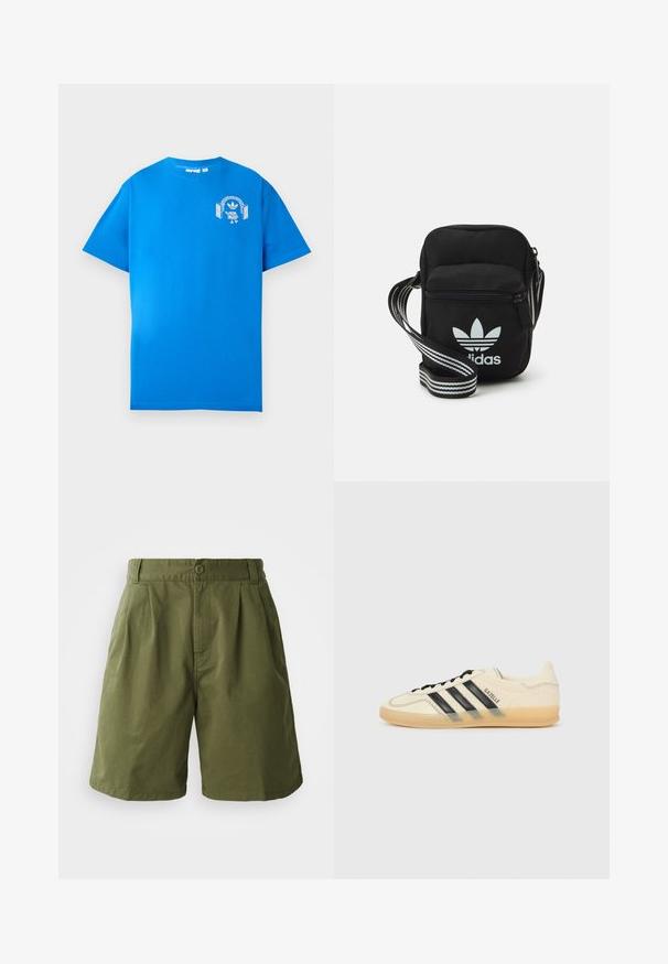 Blue cotton t-shirt with short sleeves. Features a white graphic design on the front, displaying a character with headphones and an arch.; Olive green shorts made of lightweight fabric, featuring a pleated front, button closure, and side pockets, with a straight-cut design.; Light cream sneaker with black three-stripe design, textured upper, round toe, and gum sole. Features laces and branding on side.; Black fabric crossbody bag with a zipper closure, featuring a white Adidas logo and a striped adjustable strap for easy carrying.