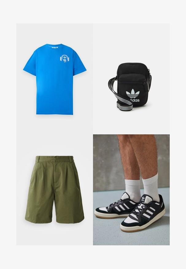 Blå bomull T-skjorte med korte ermer. Har et hvitt grafisk design på forsiden, som viser en karakter med hodetelefoner og en bue.; Olivenfargede shorts laget av lett stoff, med plissert front, knappelukking og sidelommer, med en rettskåret design.; Sorte og hvite sneakers med overdel i semsket skinn og lær, med tre hvite striper, perforert tå og en såle av gummi.; Svart stoff crossbody veske med glidelås, med en hvit Adidas-logo og enstripet justerbar stropp for enkel bæring.