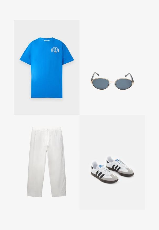 Blå bomullströja med korta ärmar. Har en vit grafisk design på framsidan, som visar en karaktär med hörlurar och en båge.; Vita linnebyxor med elastisk midja och dragsko, bred bendesign och rena sömmar. Slät textur med avslappnad passform.; Sportskor med överdel i vit läder, grå mocka på tårna och tre svarta ränder. Har en blå logotyp på tungan och en texturerad gummisula.; Ovalformade solglasögon med mörka linser, guldmetallramar och gråa skalmar. Ramarna har en minimal design med en subtil broaccente.
