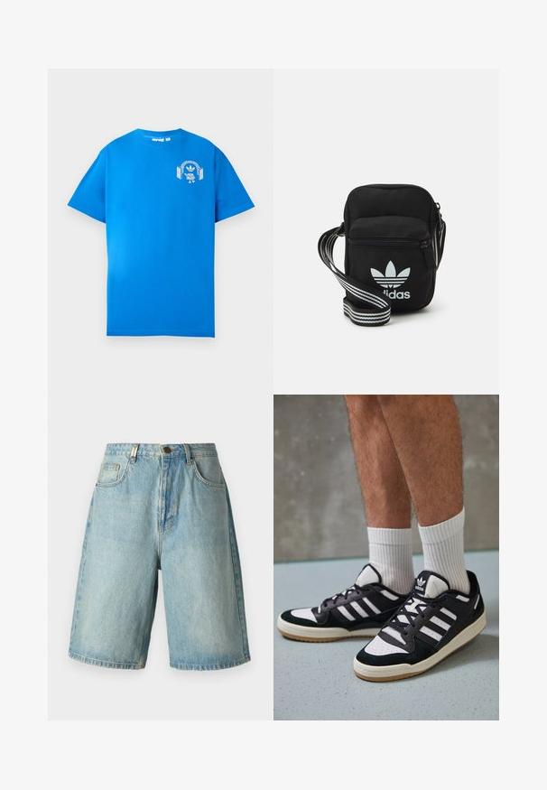Mėlyna medvilninė marškinė su trumpomis rankovėmis. Priekyje yra balta grafikų dizaino detalė, vaizduojanti personažą su ausinėmis ir arka.; Šviesiai mėlynos džinsinės šortai, laisvo kirpimo, su priekinėmis kišenėmis, sagų uždarymu ir išblukusiu plovimu su subtiliais vos pastebimais įbrėžimais.; Juodos ir baltos sportinės bateliai su zomšiniu ir odiniu viršumi, su trimis baltomis juostelėmis, perforuota koja ir guminėmis padais.; Juodas audinio per petį nešiojamas krepšys su užtrauktuku, turintis baltą Adidas logotipą ir dryžuotą reguliuojamą diržą patogiam nešiojimui.