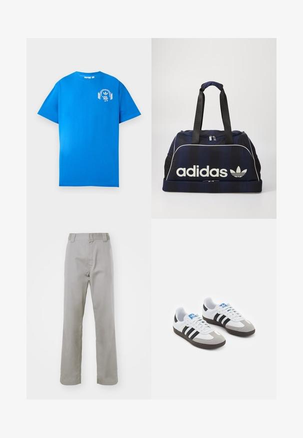 Blå bomulds t-shirt med korte ærmer. Har et hvidt grafisk design på forsiden, der viser en karakter med hovedtelefoner og en bue.; Grå bomuldsbukser med lige ben-design, der har flad front, bæltestropper og en glat tekstur.; Sportsko med en overdel i hvid læder, grå ruskind på tåen og tre sorte striber. Har et blåt logo på tungen og en struktureret gummisål.; Marineblå duffelbag med hvid Adidas-logo, der har en lynlåsåbning, to kraftige sorte håndtag og sidelommer i net. Glat stoftekstur.