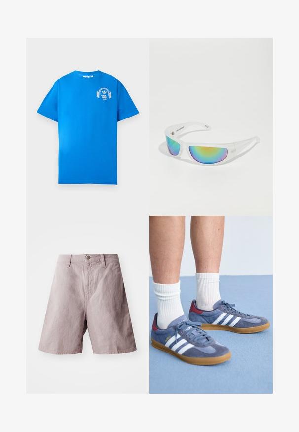 T-shirt en coton bleu à manches courtes. Présente un design graphique blanc sur le devant, affichant un personnage avec des écouteurs et un arc.; Shorts en coton violet clair avec une taille plate, une fermeture à bouton sur le devant et des poches latérales. Texture lisse avec une coupe décontractée.; Baskets en cuir suédé bleu avec des rayures blanches, semelle en caoutchouc caramel, accents rouges sur le talon et lacets gris. Portées avec des chaussettes blanches à côtes.; Lunettes de soleil avec une monture blanche transparente et des verres réfléchissants multicolores. Caractérisent un design sportif et une forme épurée.