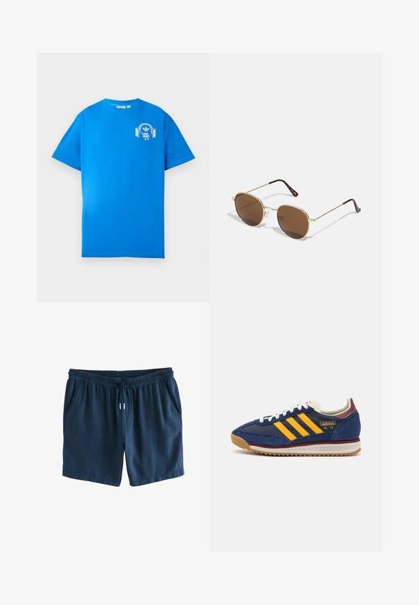 Niebieska bawełniana koszulka z krótkim rękawem. Posiada białą grafikę na przodzie, przedstawiającą postać w słuchawkach i łuk.; Granatowe szorty wykonane z lekkiego materiału. Posiadają elastyczny pas z sznurkiem oraz dwie boczne kieszenie. Prosty design.; Granatowe zamszowe sneakersy z żółtymi paskami, białymi sznurowadłami i burgundowymi akcentami. Teksturowana podeszwa z rowkami zapewniającymi przyczepność. Logo marki na boku.; Złote metalowe okulary przeciwsłoneczne z okrągłymi, brązowymi szkłami. Posiadają cienkie zauszniki z masą perłową na końcach. W zestawie przezroczyste noski.