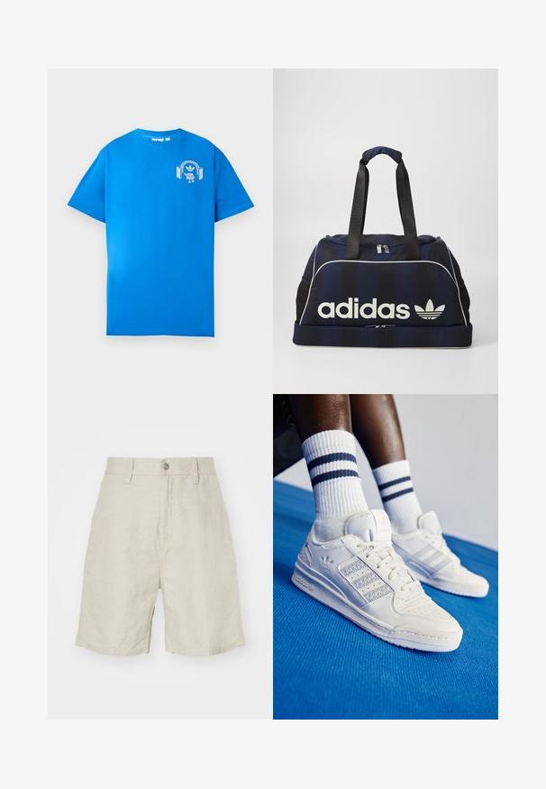 Blue cotton t-shirt with short sleeves. Features a white graphic design on the front, displaying a character with headphones and an arch.; Linen shorts in light beige, featuring a high waist, button closure, and side pockets. Smooth texture with a relaxed fit.; White leather sneakers with perforated accents, three metallic stripes, and a textured side panel. Worn with white socks featuring blue stripes.; Navy duffel bag with white Adidas logo, featuring a zippered top, two sturdy black handles, and side mesh pockets. Smooth fabric texture.