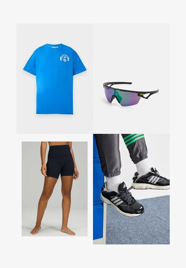 T-shirt en coton bleu à manches courtes. Présente un design graphique blanc sur le devant, affichant un personnage avec des écouteurs et un arc.; Shorts noirs taille haute en tissu extensible, avec une texture lisse et une coupe ajustée qui arrive au milieu de la cuisse.; Des chaussures de sport noires et grises en maille et suède, avec trois rayures blanches et une semelle texturée, portées avec des chaussettes blanches.; Lunettes de sport avec une monture noire, grandes verres dégradés aux teintes violettes et vertes, et des accents de design angulaires avec un détail de logo.