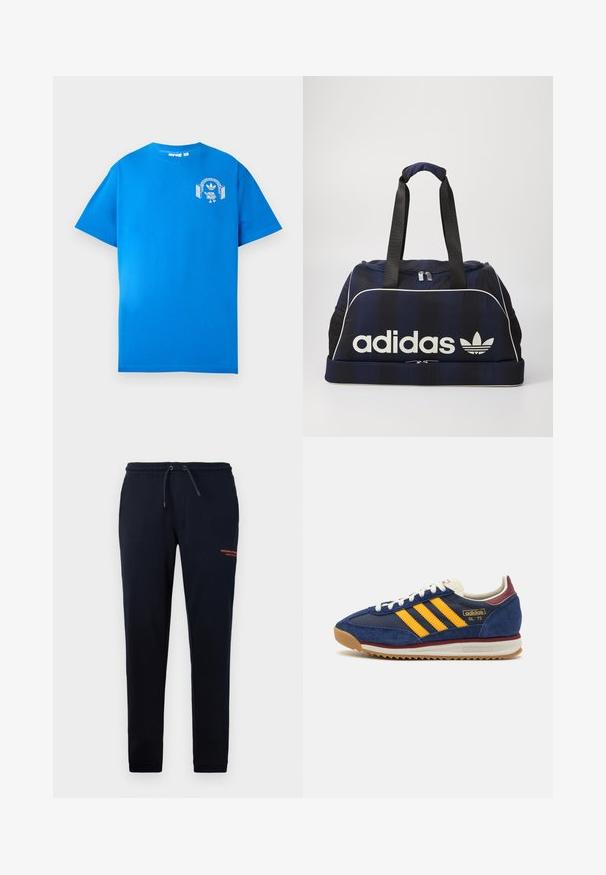 Blå bomullströja med korta ärmar. Har en vit grafisk design på framsidan, som visar en karaktär med hörlurar och en båge.; Marina dragkedje-byxor med sidfickor, smalnande ben och orange "WEEKEND OFFICER"-text på höger lår. Mjuk bomullsblandning.; Marinblå mockasneakers med gula ränder, vita snören och vinröda accenter. Texturerad sula med skåror för grepp. Märkeslogotyp på sidan.; Marinblå duffelväska med vit Adidas-logga, med dragkedja i toppen, två robusta svarta handtag och sidofickor i nät. Slät tygtextur.