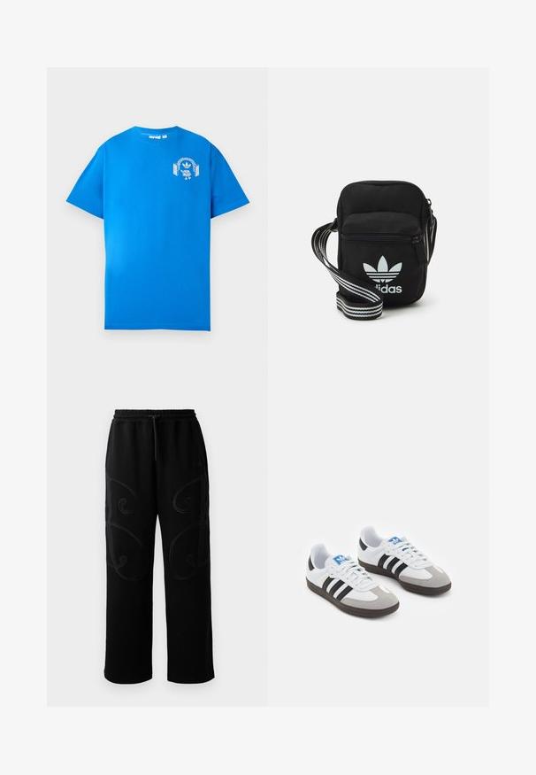 Blå bomull T-skjorte med korte ermer. Har et hvitt grafisk design på forsiden, som viser en karakter med hodetelefoner og en bue.; Svarte joggebukser med avslappet passform, som har intrikate, svingende broderimønstre langs sidene og elastisk midjebånd med snøring.; Sportssko med en hvit skinnoverdel, grå semsket tå og tre svarte striper. Har en blå logo på tungen og en teksturert gummisåle.; Svart stoff crossbody veske med glidelås, med en hvit Adidas-logo og enstripet justerbar stropp for enkel bæring.
