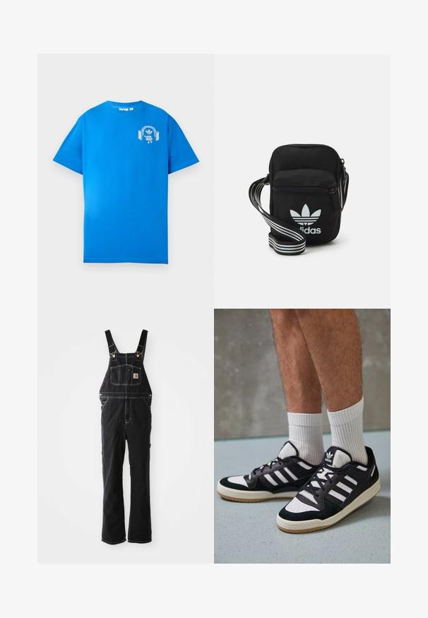 Blauwe katoenen t-shirt met korte mouwen. Heeft een witte grafische afbeelding op de voorkant, met een personage met een hoofdtelefoon en een boog.; Zwarte denim tuinbroeken hebben verstelbare banden, een voork pocket en gouden hardware accenten. De stof heeft een textuurrijke, stevige uitstraling.; Zwart-witte sneakers met een bovenwerk van suede en leer, voorzien van drie witte strepen, een geperforeerde neus en een rubberen gumzool.; Zwarte stoffen schoudertas met een ritssluiting, voorzien van een wit Adidas-logo en een gestreepte, verstelbare schouderband voor gemakkelijk dragen.