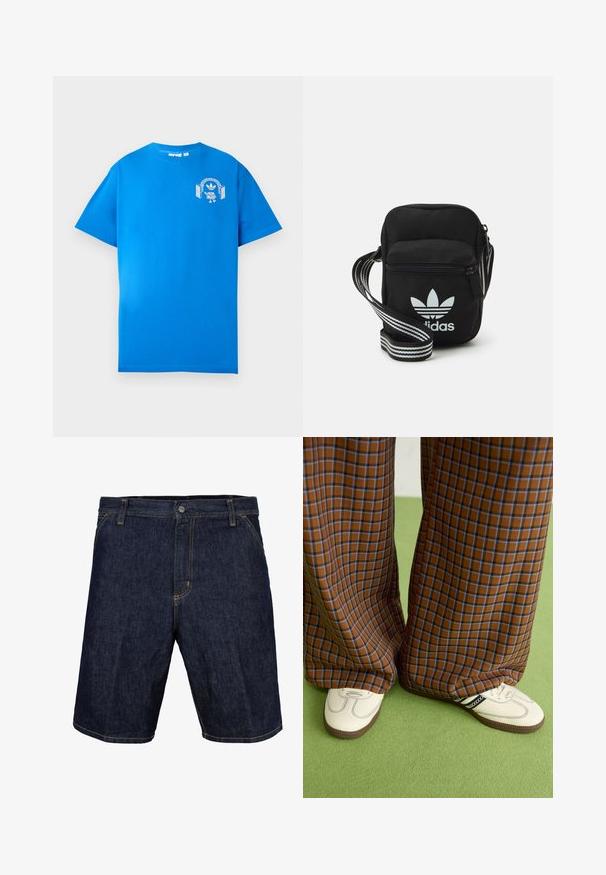 T-shirt in cotone blu con maniche corte. Presenta una grafica bianca sulla parte anteriore, che mostra un personaggio con cuffie e un arco.; Shorts in denim blu scuro con cuciture gialle, dotati di bottone frontale, passanti per cintura e tasche laterali. Texture liscia, design fino al ginocchio.; Pantaloni a pieghe larghi a quadri marroni e blu abbinati a scarpe bianche con dettagli neri e suole testurizzate, posizionati su uno sfondo verde.; Borsa a tracolla in tessuto nero con chiusura a zip, caratterizzata da un logo Adidas bianco e una tracolla regolabile a righe per un facile trasporto.