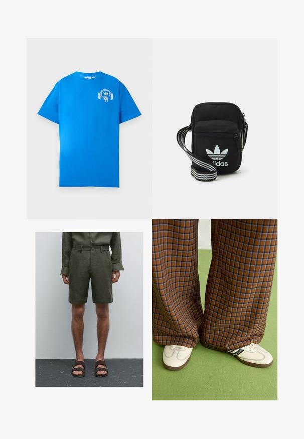 Blauwe katoenen t-shirt met korte mouwen. Heeft een witte grafische afbeelding op de voorkant, met een personage met een hoofdtelefoon en een boog.; Olijfgroene linnen shorts met een elastische tailleband en knoopsluiting. Draagt een paar donkerbruine sandalen. Achtergrond is eenvoudig en neutraal.; Bruine en blauwe geruite wijde broek, gecombineerd met witte schoenen met zwarte accenten en een gestructureerde zool, gezet tegen een groene achtergrond.; Zwarte stoffen schoudertas met een ritssluiting, voorzien van een wit Adidas-logo en een gestreepte, verstelbare schouderband voor gemakkelijk dragen.