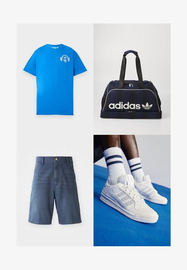 T-shirt en coton bleu à manches courtes. Présente un design graphique blanc sur le devant, affichant un personnage avec des écouteurs et un arc.; Shorts en denim bleu foncé, avec une fermeture à bouton, des passants de ceinture et deux poches avant. Texture lisse avec une coupe droite.; Baskets en cuir blanc avec des accents perforés, trois bandes métalliques et un panneau latéral texturé. Portées avec des chaussettes blanches ornées de rayures bleues.; Sac de sport bleu marine avec logo Adidas blanc, doté d'un zip sur le dessus, de deux poignées noires robustes et de poches latérales en maille. Texture de tissu lisse.