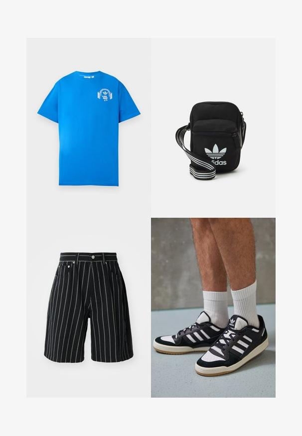 Modra bombažna majica s kratkimi rokavi. Ima bel grafični dizajn na sprednji strani, ki prikazuje lik s slušalkami in lokom.; Črne prugaste kratke hlače iz bombaža, ki vključujejo kontrastne bele vertikalne črte, zapiranje na gumb in sprednje žepe.; Črno-bele superge z zgornjim delom iz usnja in nubuka, ki imajo tri bele črte, perforiran vrh prstov in podplat iz gume.; Črna tkaninska torbica čez ramo z zadrgo, ki vsebuje belo Adidasovo logo in pridelano naramnico z več črtami za enostavno nošenje.