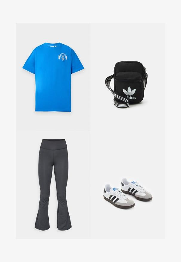 Blå bomulds t-shirt med korte ærmer. Har et hvidt grafisk design på forsiden, der viser en karakter med hovedtelefoner og en bue.; Grå leggings med en flagrende bunddesign, lavet af glat, strækbart materiale, med høj talje og sømfri konstruktion.; Sportsko med en overdel i hvid læder, grå ruskind på tåen og tre sorte striber. Har et blåt logo på tungen og en struktureret gummisål.; Sort stof crossbody tas med lynlås, der har et hvidt Adidas-logo og en stribet justerbar rem for nem bæring.