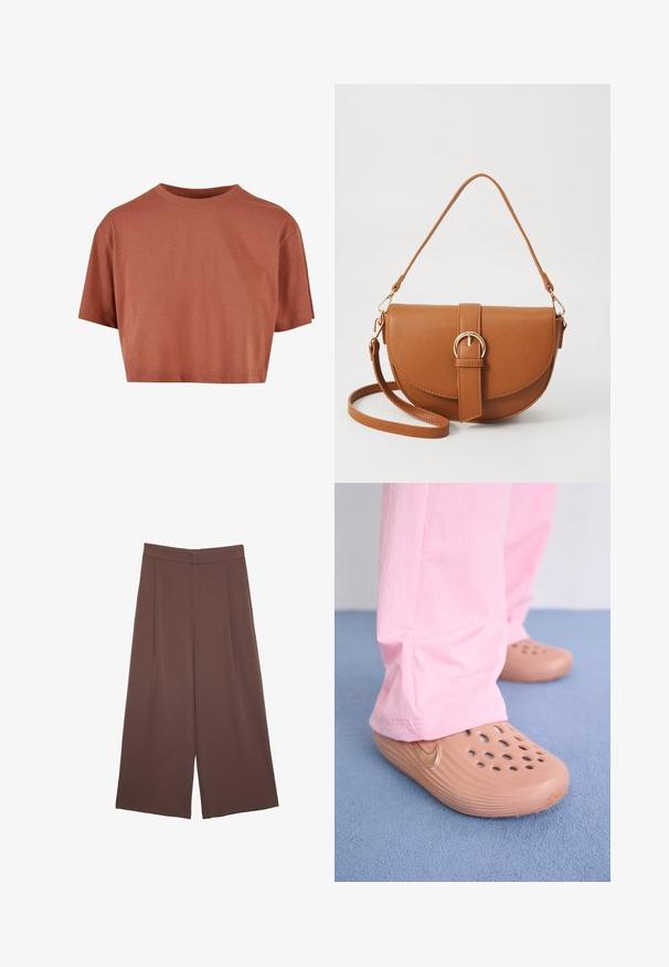 T-shirt tagliata di colore terracotta, realizzata in morbido cotone, con maniche corte, scollatura rotonda e design pulito e semplice.; Pantaloni ampi marroni con una texture liscia, caratterizzati da una vita alta e pieghe frontali. Il tessuto è leggero e scorre liberamente.; Zoccoli Nike in plastica color beige con perforazioni, lati testurizzati e una swoosh dorata. Indossati con pantaloni rosa su un pavimento blu.; Borsa a tracolla in pelle marrone con forma curvata, hardware dorato e un dettaglio con fibbia. Presenta una tracolla rimovibile.