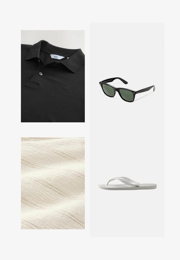 Svart pikétröja i strukturväv med krage, två knappar och en liten broderad krona på bröstet. Normal passform.; Texturerad, off-white tyg med ett subtilt vågmönster. Ytan verkar mjuk och har fina, ojämna linjer som ger extra djup.; Vit flip-flop med en texturerad sula och två tunna remmar. Remmarna är släta med subtil varumärkeslogotyp. Inga mönster eller ytterligare detaljer.; Svarta plastsolglasögon med gröna linser, fyrkantiga bågar, silverdetalj på ögonbrynet och texturerade skalmar. Angiven märkning på den inre skalmen.