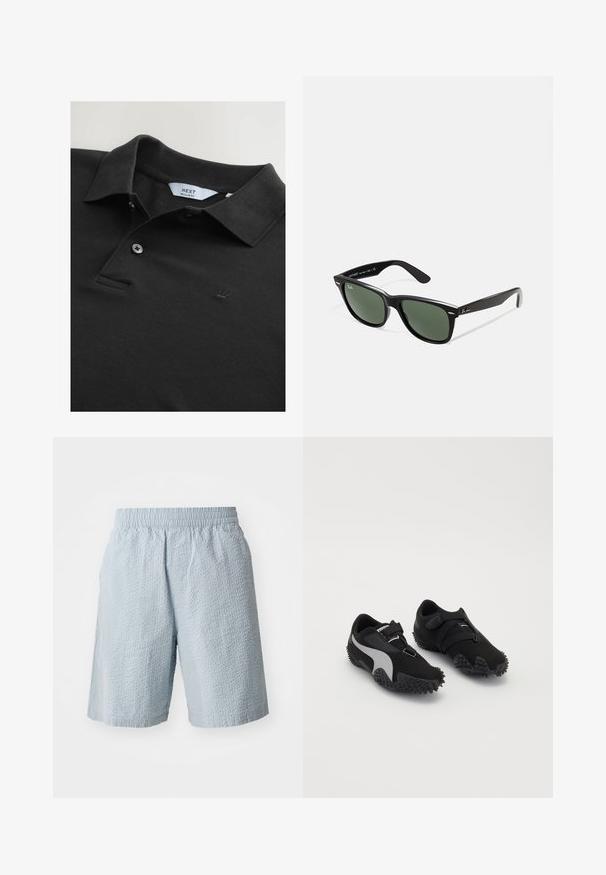 Crna polo majica od teksturiranog materijala s kragnom, dva dugmeta i malim izvezenim logom krune na prsima. Regularni kroj.; Svijetloplave kratke hlače s teksturiranim materijalom, elastičnom gumicom u struku i bočnim džepovima. Dizajn ima širok kroj i dužinu do koljena.; Crne sportske cipele s teksturiranim potplatima, elegantnim siluetom i sivim akcentima; imaju sigurnosnu traku za pričvršćivanje i zatvaranje na vezanje.; Crne plastične sunčane naočale s zelenim staklima, kvadratni okviri, srebrni naglasak na obrvi i teksturirane ručke. Naziv brenda naveden na unutrašnjoj strani ručke.