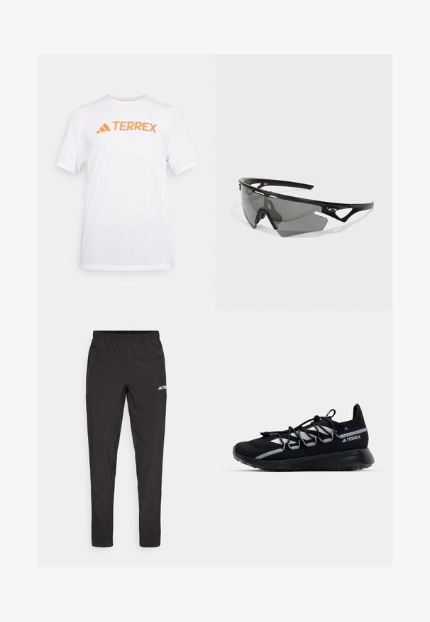 Bela kratka športna majica iz zračnega materiala, z oranžnim logotipom "TERREX" čez prsa. Preprost dizajn s čistimi linijami.; Črne atletske hlače z elastičnim pasom, dvema stranskima žepoma z zadrgo in logotipom na zgornji desni nogi. Gladek, lahek material.; Črne športne čevlje z mrežno zgornjico, odsevnimi dodatki, elastičnimi vezalkami in teksturiranim gumijastim podplatom. Imajo eleganten dizajn za boljšo zmogljivost.; Športne sončne očala s črnimi plastičnimi okvirji in sivi zasenčeni leči. Imajo oglat dizajn in izreze na okvirju za prezračevanje.
