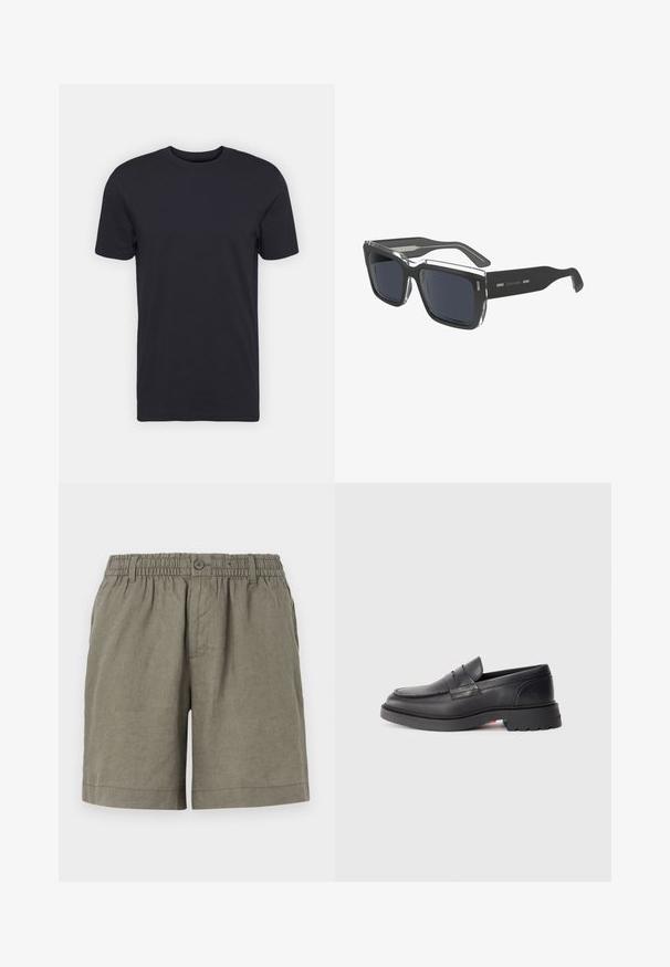 T-shirt en coton noir, manches courtes, col rond, couleur unie, tissu léger, texture lisse, sans motifs ni graphiques visibles.; Shorts khaki en tissu léger avec une taille élastique et une fermeture à boutons. Ils présentent un design à jambe droite et un ourlet roulé.; Mocassins en cuir noir avec un bout arrondi, une couture surélevée et une semelle en caoutchouc épaisse. Design simple avec un branding minimal sur le côté.; Lunettes de soleil rectangulaires noires avec des verres gris foncé, dotées d'une extrémité de monture transparente et d'une branche lisse entièrement noire. Logo "Calvin Klein" sur la branche.