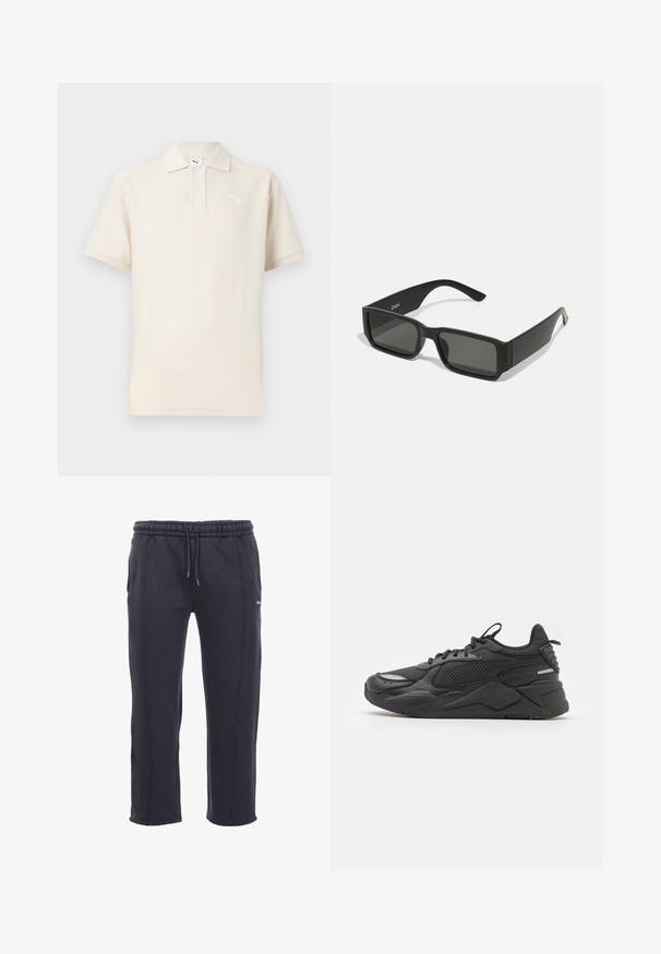 Krémovo sfarbená polo košeľa s textúrovanou tkaninou, krátkymi rukávmi a troj-buttonovým zapínaním. Na ľavej hrudi sa nachádza biele logo Puma.; Tmavo šedé tepláky vyrobené z mäkkého materiálu, s elastickým pásom na šnúrku, bočnými vreckami a viditeľným šitím.; Čierne tenisky so štruktúrovaným vrchným materiálom, ktoré kombinujú sieťovinu a syntetické materiály, s hrubou podrážkou a reflexnými detailmi pre lepšiu viditeľnosť.; Čierne slnečné okuliare s obdĺžnikovými šošovkami, matný plastový rám a rovné hrany. Obsahujú logo značky na vnútornej strane ramenka.