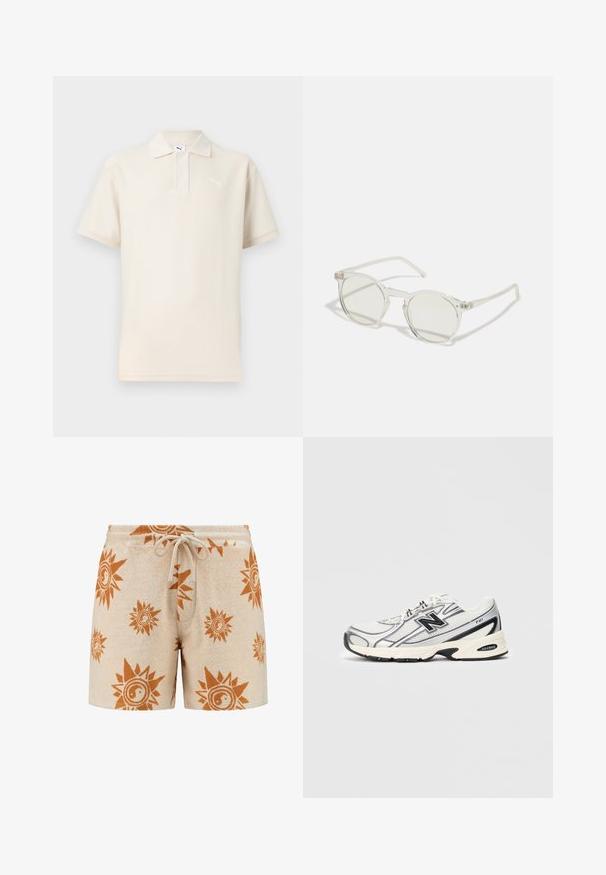 Krémovo sfarbená polo košeľa s textúrovanou tkaninou, krátkymi rukávmi a troj-buttonovým zapínaním. Na ľavej hrudi sa nachádza biele logo Puma.; Béžové šortky z uteráka s vzorom slnka a yin-yang v hrdzavej oranžovej farbe. Elastický pás s šnúrkou, jemná textúra a dĺžka do polovice stehna.; Biele a šedé atletické tenisky s čiernym logom "N", sieťovaným zvrškom, polstrovanou podrážkou a šnurovacím dizajnom, zobrazené na jednoduchom svetlo šedom pozadí.; Kruhové slnečné okuliare s priehľadným rámom, svetlozelenými sklami a tenkými, priehľadnými stranami. Rám obsahuje jemné kovové akcenty.