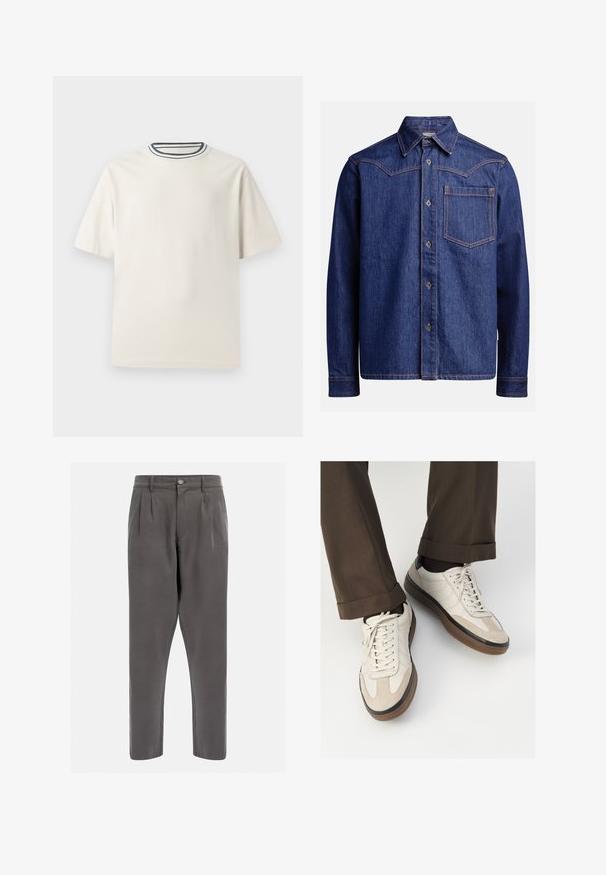 Kreemivärvi puuvillane T-särk lühikeste varrukatega, ümmarguse kaeluse ja mereteemalise sinise ja valge triibuga. Sile tekstuur, mugav lõike.; Tumesinine teksas pikkade varrukatega särk, millel on terav krae, nööbiga esikülg, rinna Tasku ja kontrastsed oranžid õmblused.; Hallid plisseeritud püksid siledast kangast, millel on nööbiga sulgus ja kitsenevad sääred sujuva istuvuse saavutamiseks. Ei ole lisamustreid ega aktsente.; Bežid spordijalised, millel on tekstuuriga suede esiosa, siledast nahast küljed ja pruun kummitald. Lisatud on paelad ja heledad õmbluse detailid.